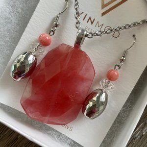 VINMOD Designs Repurposed Pink Stone Necklace & Earring Set 20"